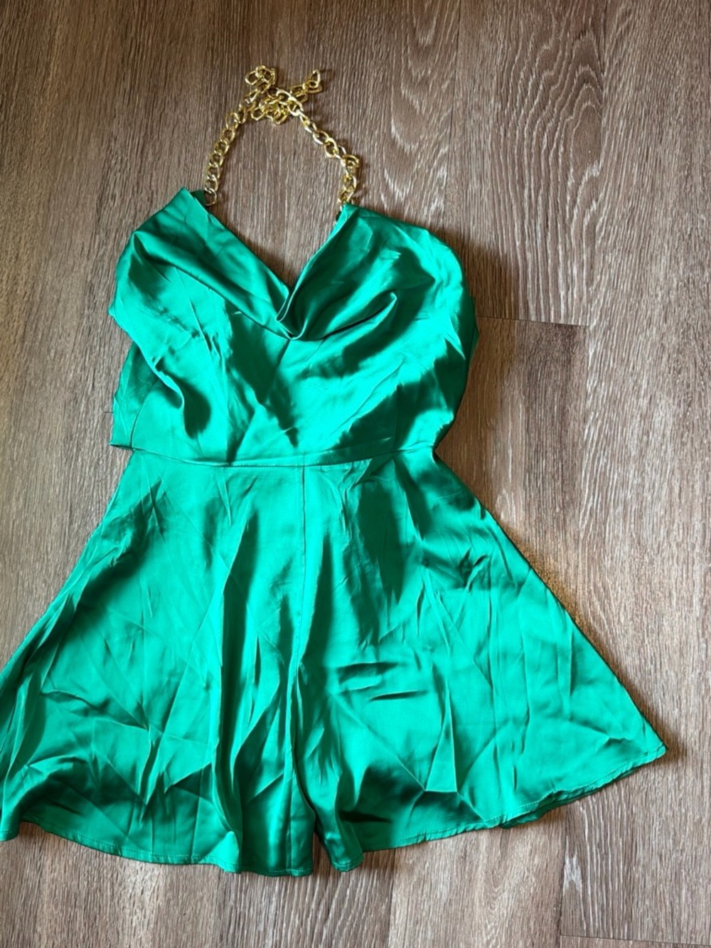 Fashion Nova Emerald Green Satin Halter Romper with Gold Chain
